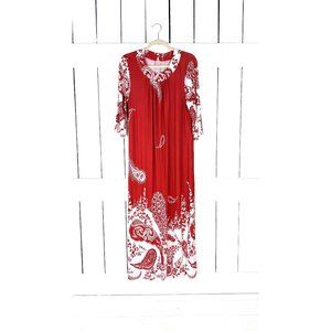Red white floral paisley long sleeve stretch pullover tshirt maxi dress
